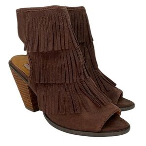 Dolce Ankle Booties Brown Fringe Women's Shoes Open Toe Heels